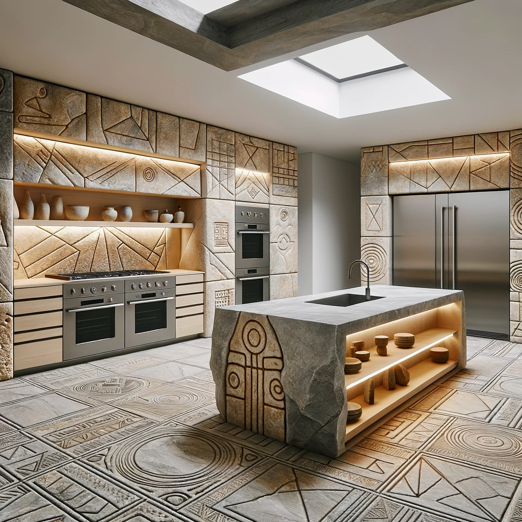 A kitchen designed with perfect geometric lines inspired by Gobekli Tepe style. The kitchen features stone like textures and ancient motifs resemblin