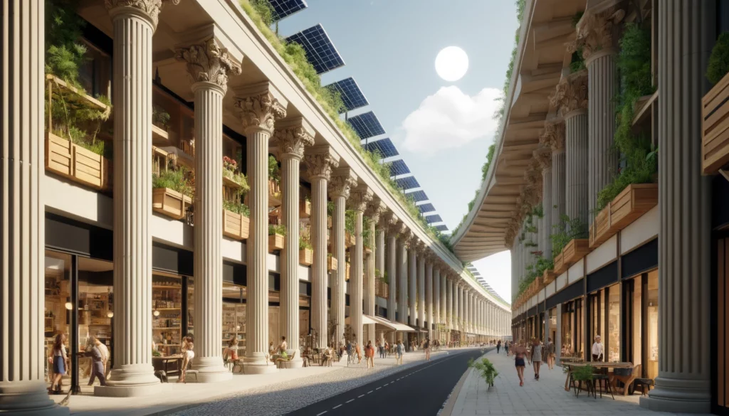 A street elevated above 6 meter high arcades in Doric style. The arcades feature classical Doric columns built with natural and recyclable materials