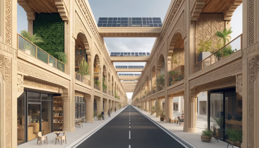 A street elevated above 6 meter high arcades in Mesopotamian style. The arcades feature Mesopotamian style arches and columns with intricate geometric